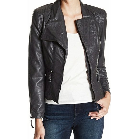 Blank NYC Jackets & Blazers - Charcoal Faux Leather Fitted Moto Jacket BlankNYC